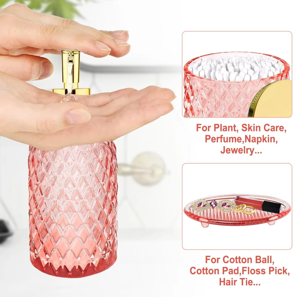 Pink Bathroom Accessories Set,4 Pcs Glass Bathroom Accessory Set Complete w/Soap - Image 4 of 4