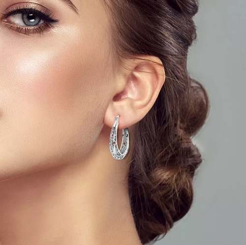 Filigree Oval Hoop Earrings for Women Flower Hollow Earrings 925 Silver Plated - Picture 4 of 7
