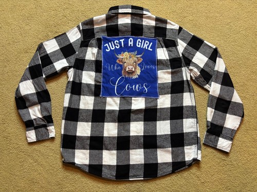 Upcycled Flannel Just a Girl Who Loves Cows Farmer Shacket Folk Art Festival L - Picture 4 of 6