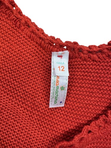 Franeamacrina Crochet Girls Red Orange Knit Cardigan Open Front Pom-Pom Ties - Picture 10 of 12