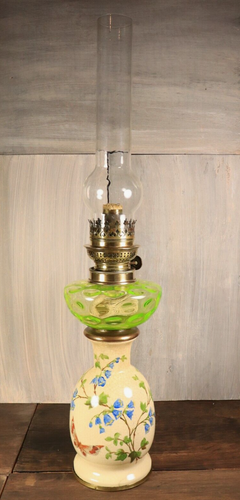 Antique Victorian French Table Oil Lamp Vaseline Uranium Glass Font Hand Painted - Picture 2 of 19