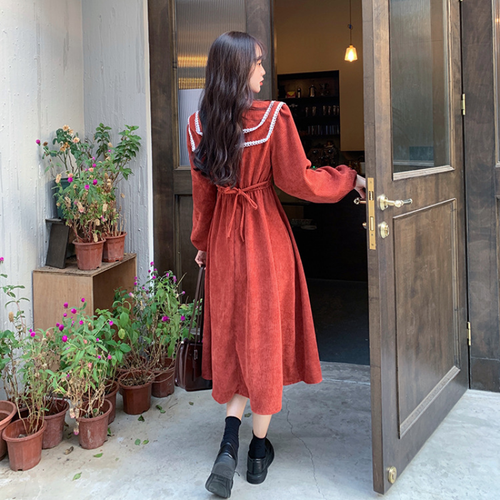 Retro Lady Corduroy Midi Dress Puff Long Sleeve V-neck Swing Loose Cute Dress - Picture 11 of 14