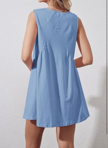 Women's V Neck Sleeveless Mini Dress Loose Summer Pleated Swing Flowy Sundress - Picture 2 of 6