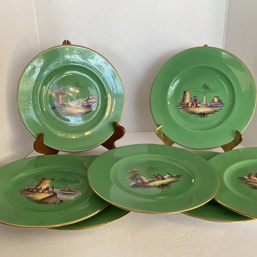 Wedgwood smaragdgrüne Teller mit asiatischen handbemalten Szenen 9"D 7er Set SELTEN!! - Bild 10 von 12