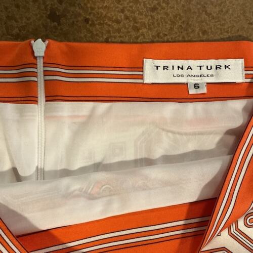 TRINA Turk orange and white medallion print pleated front silk knit lined skirt - Picture 3 of 5