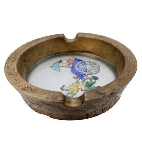 Chinese Export Enameled Rickshaw Glass Bottom Etched Brass Ashtray 2 Slots - Picture 6 of 9