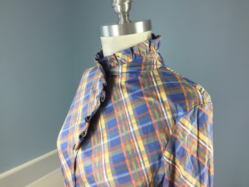 Etcetera S 4 Blue Plaid Ruffle Button Up Blouse Shirt Cotton Blend Career Casual - Picture 2 of 4