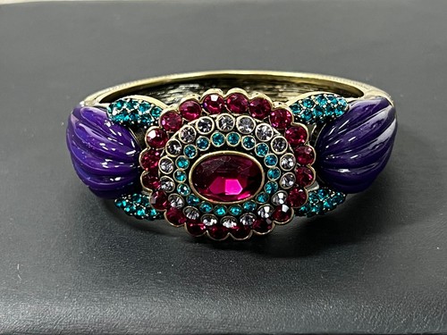 Heidi Daus Purple Lucite and Multicolored Crystal Hinged Bangle Bracelet - Picture 2 of 8