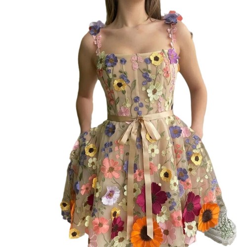 Womens Girl Dress 3D Flowers Embroidery Slip Dress Ball Gown Wedding Party Dress - Bild 3 von 9