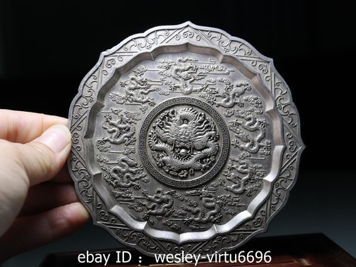 Chinese Palace White Copper Silver Handmade Nine Dragons Dish Plate 11.8CM