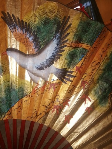 5' X 3.5' Large VTG Chinese Bird Hand Painted Brise Fan Gold Bamboo elegant - Picture 8 of 12