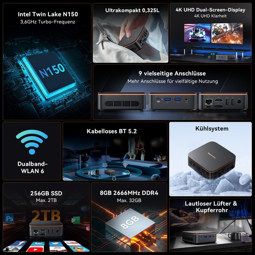 Blackview MP20 Mini PC Intel Twin Lake N150 8GB 256GB Windows 11 Pro WIFI 6 DP - Bild 6 von 12