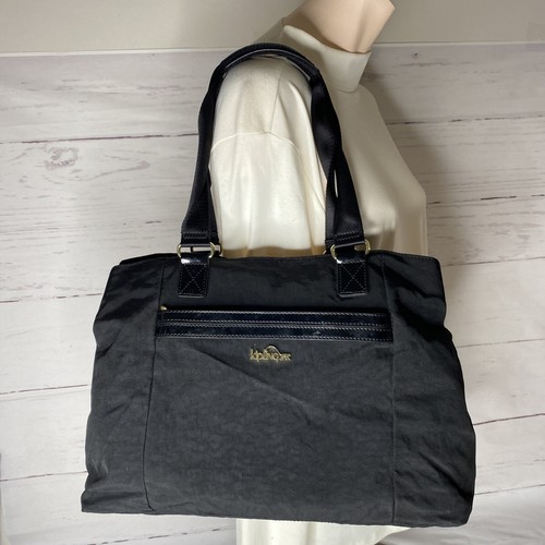Kipling Large Shoulder Bag Triple Compartment Nylon Black Pink Lined 14.5"x 10" - Picture 1 of 12