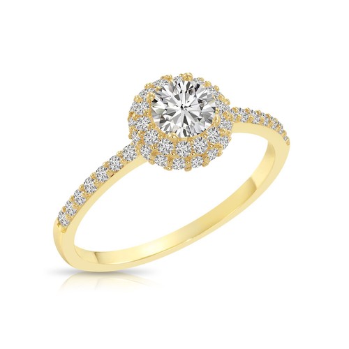 Anillo de Compromiso Brillante Oro Amarillo Sólido Triple Halo Cúpula de 14K - Imagen 11 de 11