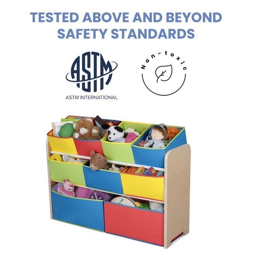 Multi-Bin Toy Books Organizer Storage Unit Kids Room Wooden w/ Fabric Bins - Picture 4 of 8