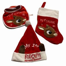 Rudolph the Red Nosed Reindeer Santa hat, Christmas Stocking and Bib Baby’s 1st