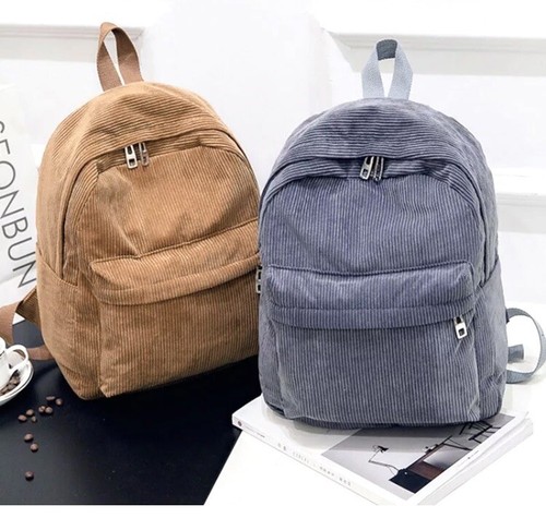 Corduroy Khaki Brown Mini Backpack School Bag Travel Purse 100% Cotton 13in - Picture 2 of 2