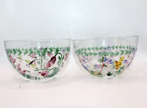 Set of 4 Vtg Clear Glass Hand Painted Botanic Florals w/ Bugs Tea Lights/Bowls - Picture 5 of 24