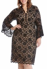 Karen Kane 3N94870W Black/Nude Plus Size Flare Sleeve Stretch Lace Dress - $178