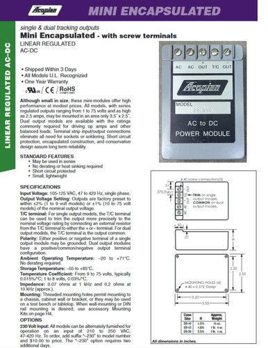 ACOPIAN 24EB60 AC-DC regulado lineal, 120VAC a 24VDC - Imagen 2 de 9