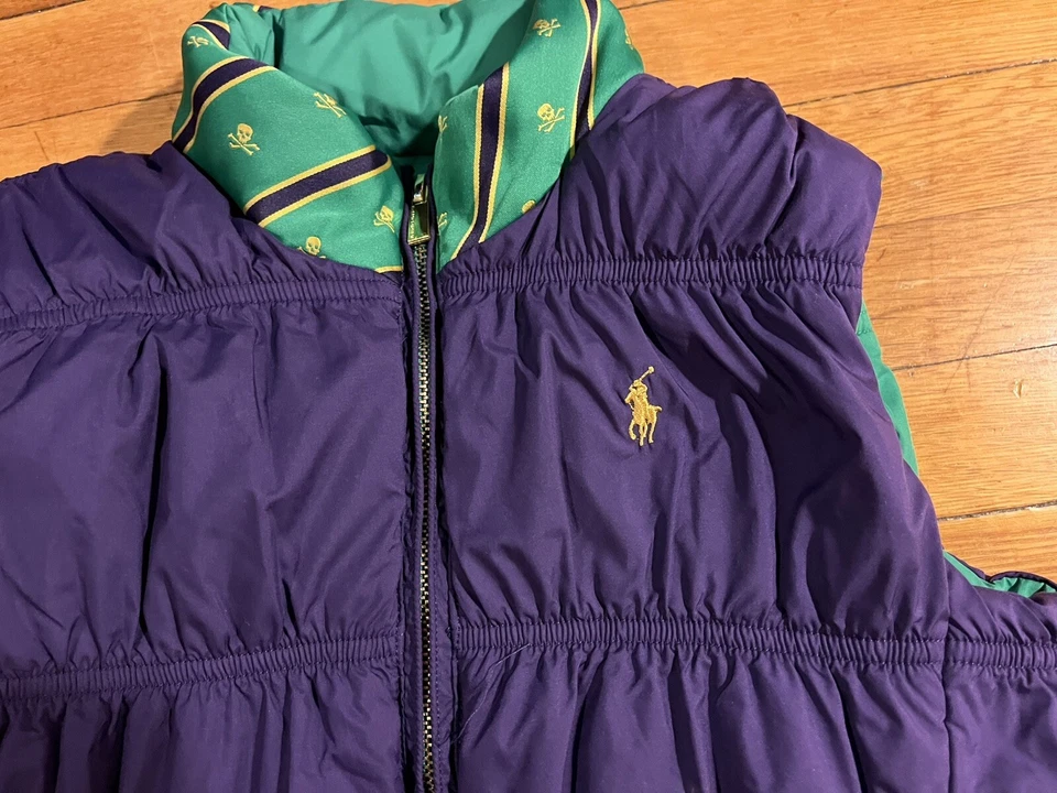 Ralph Lauren Chaleco acolchado reversible cuello calavera niño L 12/14 púrpura verde Foto 2 de 4