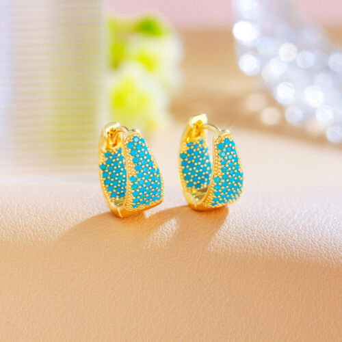 Boucle d'oreille cerceau bleu perles turquoise naturelles pour mariées plaqué or jaune bijoux - Photo 15/27