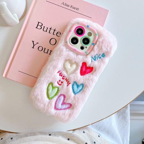 Fluffy Case LOVE Pattern Stand Plush Cover For iPhone 16 15 Pro Max 14 13 12 11 - Imagen 6 de 12