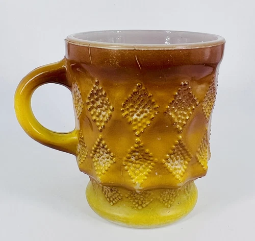 Anchor Hocking Fire King Kimberly Glass Mug Yellow Brown Ombre Diamond Texture
