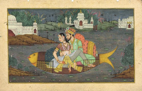 Mughal Miniature Painting Of King & Queen In Love Scene On Fancy Boat 9.5x6 Inch - Picture 2 of 6