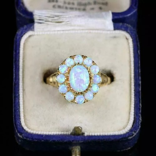 Genuine Fire Opal 3Ct Oval Cluster Engagement Ring 14k Yellow Gold Plated Silver - Picture 4 of 5