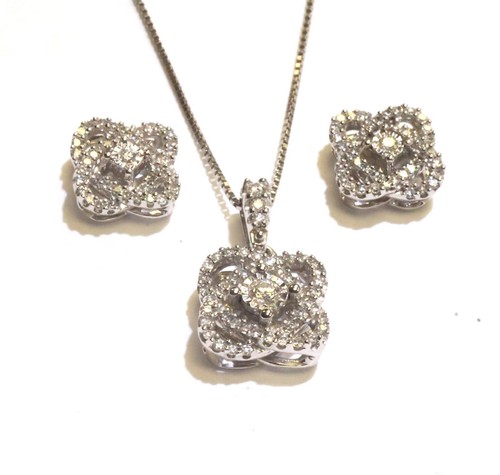 10k white gold .64ct diamond cluster love knot earrings pendant necklace set 19" - Picture 3 of 9