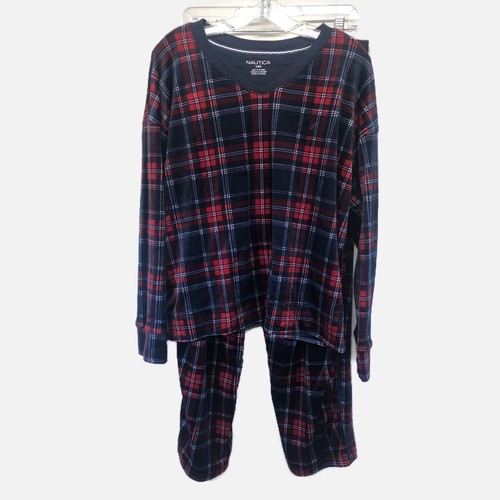 Nautica Fleece Pajama Set Womens Large Blue Red Plaid Pants Shirt Comfy Lounge - Picture 1 of 8