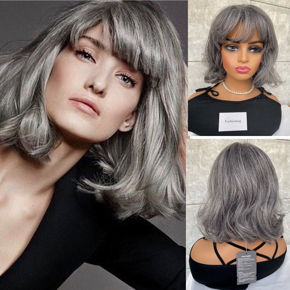 Salt and Pepper Medium Bob Wavy Gray 100% Human Hair Blend  display picture 1