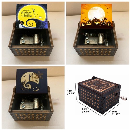 Nightmare Before Christmas Halloween Wooden Music Box Hand Crank Engraved Decor - Picture 1 of 11