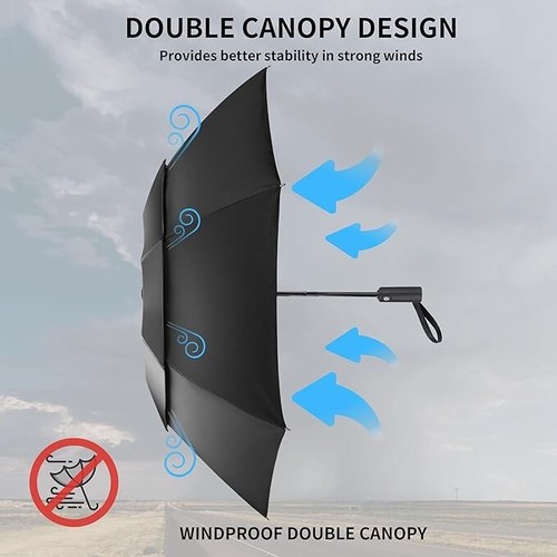 Lehwoik Ombrello compatto pieghevole antivento forte doppio baldacchino Brolly. Nero - Foto 2 di 6