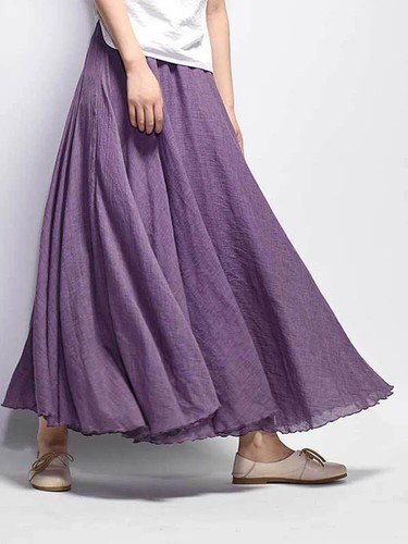 2020 Women Linen Cotton Long Skirts Elastic Waist Pleated - Picture 33 of 49