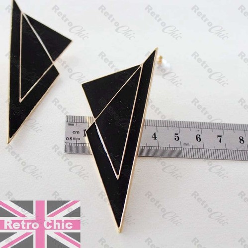 HUGE 3" TRIANGLE black enamel GEOMETRIC EARRINGS modern big studs 8cm LARGE - Picture 6 of 9