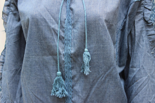 NEU MIT ETIKETT SHEILAY DAMEN LOSE PASSFORM KEILHOLZ BLAUE BLUSE GRÖSSE XL RÜSCHEN SPITZENQUASTEN - Bild 3 von 13