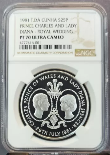 1981 TRISTAN DA CUNHA SILVER 25 PENCE CHARLES & LADY DIANA NGC PF 70 ULTRA CAMEO
