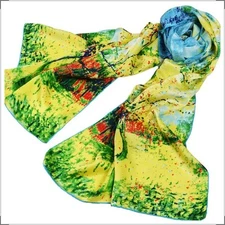 Oblong 100% Silk Scarf Art Oil Painting Van Gogh's "Pink Peach tree in Blossom"