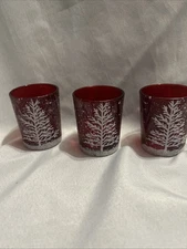 Set  Of Three Red Christmas, White Glitter Christmas Tree VOTIVE Candle Holders
