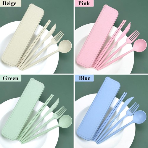 4 Sets Travel Utensils with Case, Cutlery Set Pink, Beige, Blue, Green  - Foto 3 di 7