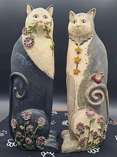 Vintage Cat Figurines 9" Skinny Whimsical Folk Art Country Cottage Shelf Sitter