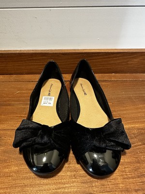 Kids Girls American Eagle Black Velvet Bow Flats Patent Leather Ballet Size 2.5