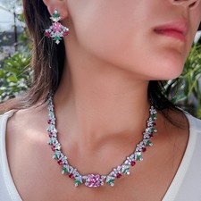 Women Christmas Tree Necklace Earrings Silver Plated CZ Zircon Party Jewelry Set