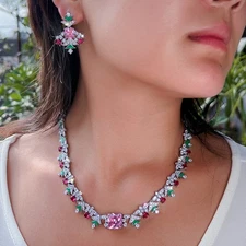 Women Christmas Tree Necklace Earrings Silver Plated CZ Zircon Party Jewelry Set