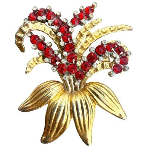 Large 1940s Brookcraft Red Rhinestone Floral Brooch 3.25” Pennino Style 24k GP - Picture 1 of 3