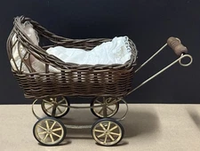 Wicker Baby Doll Carriage Stroller W/ Baby Doll Rare Collectible Buggy Carriage