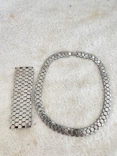 Vtg REINAD Wide Brutalist Choker Necklace Bracelet Set SILVER SNAKESKIN COUTURE - Picture 2 of 5