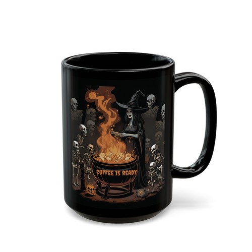 Halloween Mug, Black Coffee Cup, Spooky Ceramic Drinkware, 11oz, 15oz, Witch - Picture 9 of 9